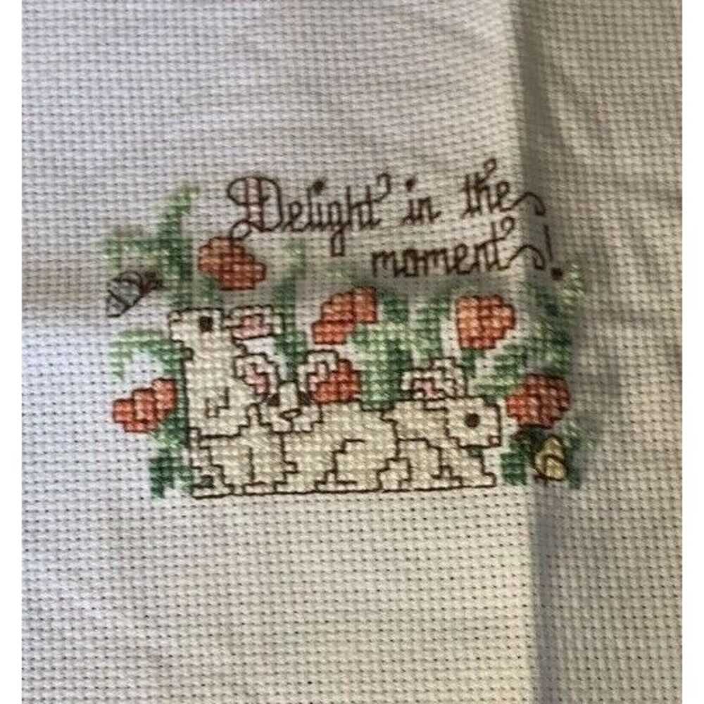 Completed CrossStitch "Delight in the moment!" Rabbits smelling the Roses. 4"x4"